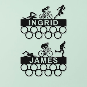 Personalized Triathlon Medal Holder, Custom Name Metal Hanger, Swim Run Bike Medal Display Race, Triathlon Medal Holder, Triathlete gift