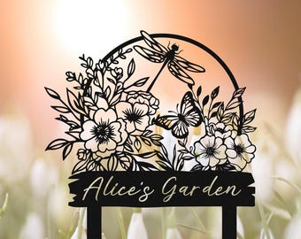 Personalized Garden Sign with Stake, Custom Metal Garden Name Sign, Flower with Stakes Garden Sign, Garden Decor, Yard Sign, Home Gift
