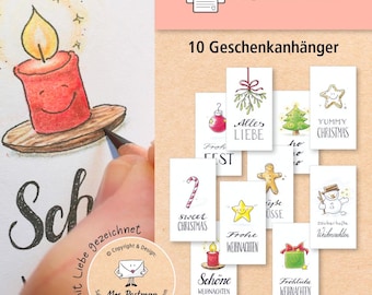 Printable Christmas Gift Tag Template | DIY | Hand-drawn crayon cheerful cookie bauble fir tree star gingerbread candle + more