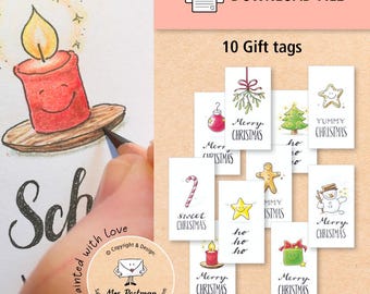 Printable Christmas gift tags | DIY | hand-drawn colored pencil cheerful cookie Christmas ball tree star gingerbread candle snowman