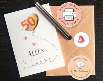 Printable money gift greeting card for birthdays, weddings, and anniversaries | Heart-shaped balloon | All the best | Original last-minute gift
