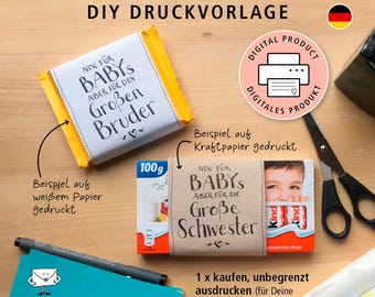 Printable chocolate wrapper for a birth gift, sibling, mom, dad | Ritter Sport Kinder Chocolate 100g | Last-minute gift