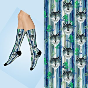 Wolf Socks, Animal Socks, Cushioned Crew Wolves, Blue Gift for Groomsmen, Patterned Comfort Stockings, Blue Socks