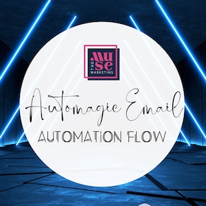 May include: A white circle with the text "Automagic Email AUTOMATION FLOW" in black. The circle is in front of a dark blue background with blue neon lights. The logo for "The Muse Marketing" is in the top right corner of the circle.