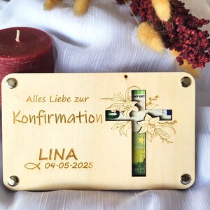 Personalisierte Holzkarte – Geldgeschenk zur Kommunion oder Konfirmation