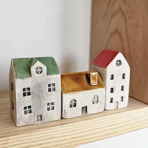 Handmade Ceramic House Decor: Set of 3 Miniature Colorful Houses