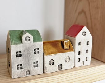 Handmade Ceramic House Decor: Set of 3 Miniature Colorful Houses
