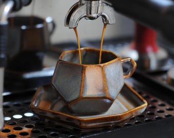 Handmade Geometric Stoneware Espresso Cup & Saucer 2.9 oz - Turkish Coffee Mug