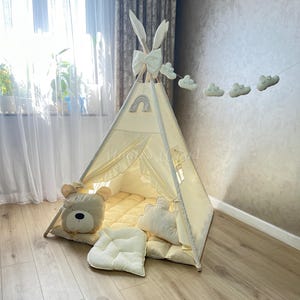Handmade Kids Teepee Tent with Soft Padded Mat, Playhouse for Boys and Girls, Premium Boho Nursery Decor, Play Tent with Cloud Garland