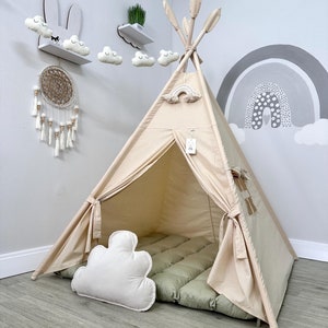 Handmade Kids Teepee Tent with Soft Padded Mat, Playhouse for Boys and Girls, Boho Nursery Decor, Play Tent with Cloud Garland