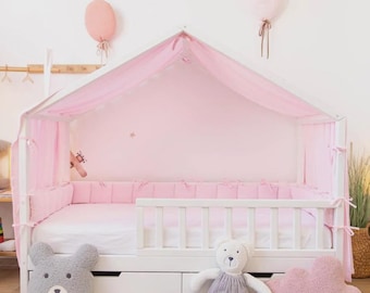 Pink Muslin Canopy for Kids Bed, Soft Cotton Bed Tent, Nursery Canopy for Girls Room, Breathable Montessori Bed Curtain, Baby Room Decor