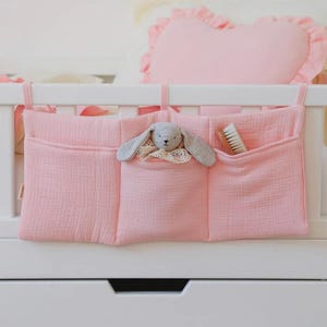 Pink Baby Bed Organizer, Cotton Nursery Caddy, Cotton Crib Organizer, Baby 3 Pocket Organizer, Kids Room Organizer, Muslin Crib Organizer