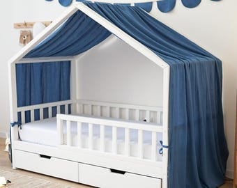 Premium Dusty Blue Bed Canopy, Toddler Bed Tent, Montessori Bed Drapes, House Bed Curtain, Denim Blue Canopy, Bed Cover, Boho Nursery Decor