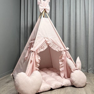 Pink Kids Teepee Play Tent with Frills, Bunny Cushions and Mat – Perfect Playhouse for Girls, Indoor Play Tent, Birthday or Nursery Decor