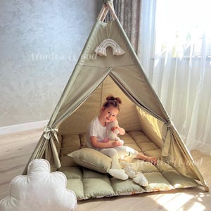 Premium Kids Teepee Tent with Mat – Boho Play Tent for Boys & Girls, Nursery Decor, Indoor Playhouse with Garland, Toddler Furniture