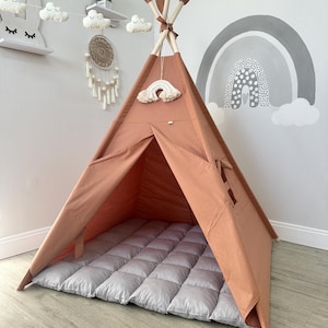 Premium Handmade Kids Teepee Tent with Floor Mat & Pillow – Neutral Play Tent for Toddler Room or Nursery, Cozy Indoor Fort, Tipi Tent