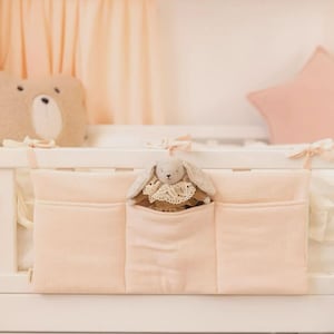 Light Peach Crib Organizer, Nursery Storage Pocket, Baby Bed Hanging Organizer, Muslin Toy Holder, Diaper Bag, Baby Cot Storage Pouch