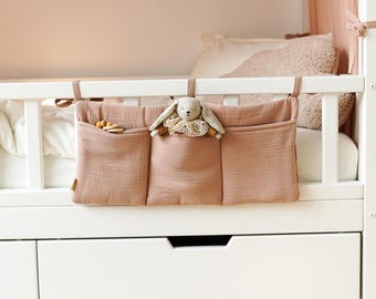 Cacao Crib Organizer, Muslin Baby Bed Pocket, Hanging Nursery Storage Bag, Diaper and Toy Holder, Baby Cot Essentials, Newborn Gift