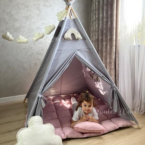 Handmade Kids Teepee Tent with Soft Padded Mat, Playhouse for Boys and Girls, Boho Nursery Decor, Play Tent with Cloud Garland