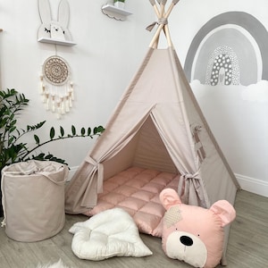 Beige Kids Teepee Tent with Mat & Storage Basket – Play Tent with Pink Accents, Indoor Playhouse, Boho Nursery Decor, Toddler Birthday Gift