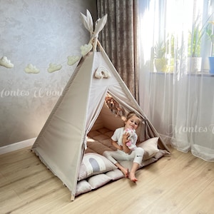Handmade Neutral Kids Teepee Tent with Soft Padded Mat, Playhouse for Boys and Girls, Boho Nursery Decor, Play Tent with Cloud Garland