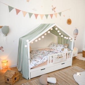 Dusty Mint Bed Canopy, Toddler Bed Tent, Montessori Bed Drapes, Kids Bed Curtain, Mint Canopy, Floor Bed Cover, Boho Nursery Decor