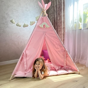Handmade Kids Teepee Tent with Soft Padded Mat, Pink Playhouse for Girls, Boho Nursery Decor, Play Tent with Cloud Garland