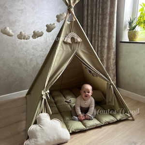 Handmade Kids Teepee Tent with Soft Padded Mat, Playhouse for Boys and Girls, Boho Nursery Decor, Play Tent with Cloud Garland