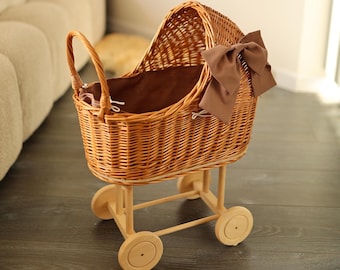 Designer Brown Wicker Doll Carriage, Premium Handmade Rattan Stroller, Designer Nursery Pram, Elegant Baby Carriage Toy