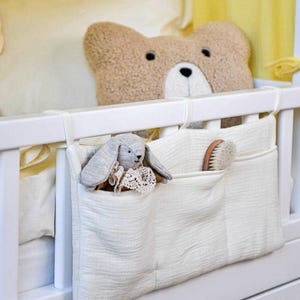 White Crib Organizer, Muslin Baby Bed Pocket, Hanging Nursery Storage Bag, Diaper and Toy Holder, Baby Cot Essentials, Newborn Gift