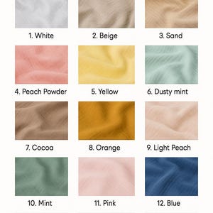 May include: A colour palette of muslin fabric swatches. The image displays 15 different colours, including white, beige, sand, peach powder, yellow, dusty mint, cocoa, orange, light peach, mint, pink, blue, lavender, grey, and light blue.