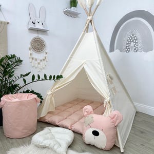 Kids Teepee Tent with Mat & Storage Basket – White Play Tent with Pink Accents, Indoor Playhouse, Boho Nursery Decor, Toddler Birthday Gift