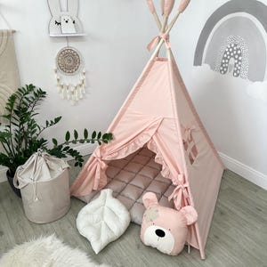 Handmade Kids Teepee Tent with Soft Padded Mat, Toddler tent, Play tent, Playhouse for Girls, Boho Nursery Decor, Play Tent with Toy Basket