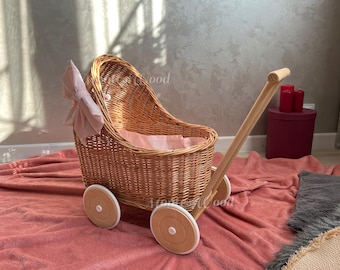 Wicker Baby Carriage with Bedding and Bow, Wicker Doll Stroller, Rattan Doll Pram, Wicker Toy Doll Stroller, Baby Shower Decor
