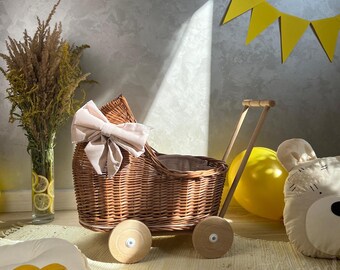 Brown Wicker Baby Carriage, Baby Shower Flower Basket, Handmade Rattan Doll Pram, Rustic Nursery Decor, Retro Doll Stroller with Bow,