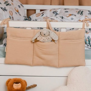 Sand Beige Crib Organizer, Baby Bed Storage Pocket, Nursery Muslin Organizer, Diaper Bag, Hanging Toy Pouch, Newborn Essentials Holder