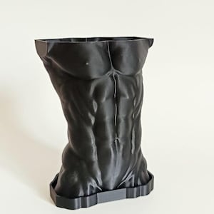 Può includere: Una scultura in plastica nera stampata in 3D che rappresenta un torso umano con muscoli definiti. La scultura è realizzata in plastica nera opaca liscia e presenta un aspetto realistico dettagliato.