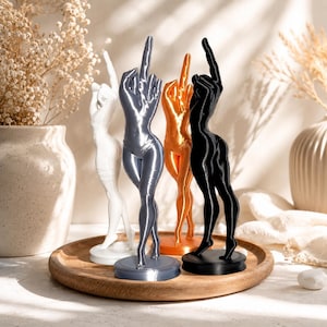 Puede incluir: Cuatro figuras de pie en blanco, plata, naranja y negro, cada una representando una forma humana estilizada con un brazo levantado y el dedo medio extendido. Cada figura está montada sobre una base circular y tiene un acabado liso y brillante.
