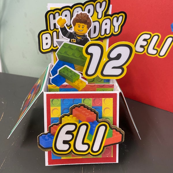 UNIQUE Handmade LEGO themed birthday box card. Add name and age. No other etsy sellers, created by me. Cake Topper also available