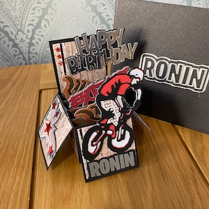 UNIQUE Handmade BMX birthday box card. Extreme sports - BMX MotorX skate sport bike .  Personalised card.