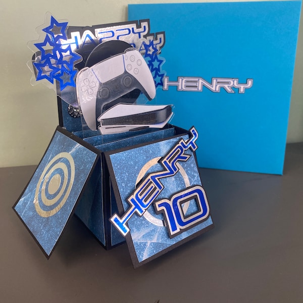 UNIQUE Handmade PS5 PLAYSTATION themed birthday box card. PS  PS1 PS2 PS3 PS4 PS5.  Personalised card. Cake Topper also available.