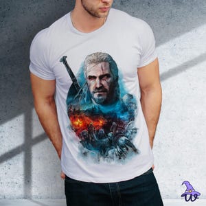 Video Game Shirt, Witcher Gift Idea for Couple, The Wolf Tshirt for Him, Graphic Tee, Gift for Gamers, Printed Unisex White and Black Tshirt