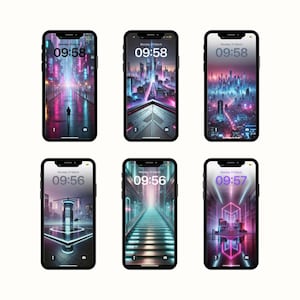 A pack of 14 Cyberpunk Aesthetic iPhone Wallpapers Neon City, Futuristic Vibes