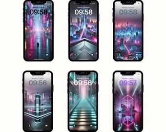 A pack of 14 Cyberpunk Aesthetic iPhone Wallpapers Neon City, Futuristic Vibes