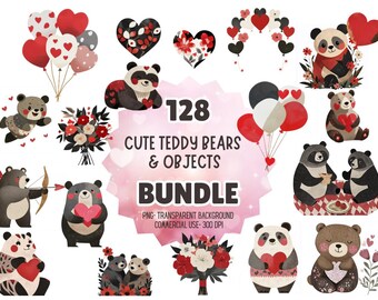 128 Teddy Bear Clipart for Valentines Day, Bear Clipart for Print on Demand, Cool Teddy Bear Clipart, Bear Babyshower Clipart Bundle