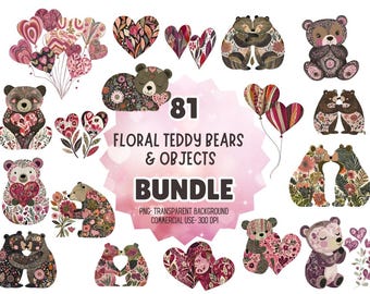 81 Teddy Bear Clipart for Valentines Day, Boho Bear Clipart for Print on Demand, Cool Teddy Bear Clipart, Bear Babyshower Clipart Bundle