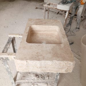 Rustic Travertine Chiseled Sink, Handcrafted Natural Stone Bathroom Vanity, Solid Rectangular Countertop Basin, Wall Mounted Sink