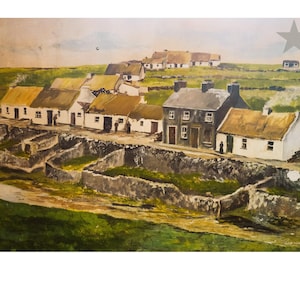 May include: A painting depicting a small village with white houses with thatched roofs, set against a green hillside. The houses are clustered together, with a dirt road running through the center. The sky is a pale blue, and there are a few clouds in the distance.