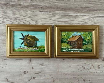 Impressionist Oil Painting Miniature, Old Windmill & Watermill, Framed Set