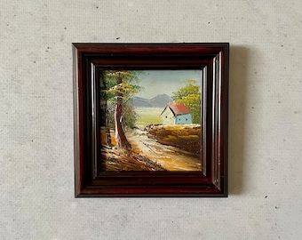 1960 年代のヴィンテージ ミニチュア油絵 - 青い花瓶に入った赤と青の